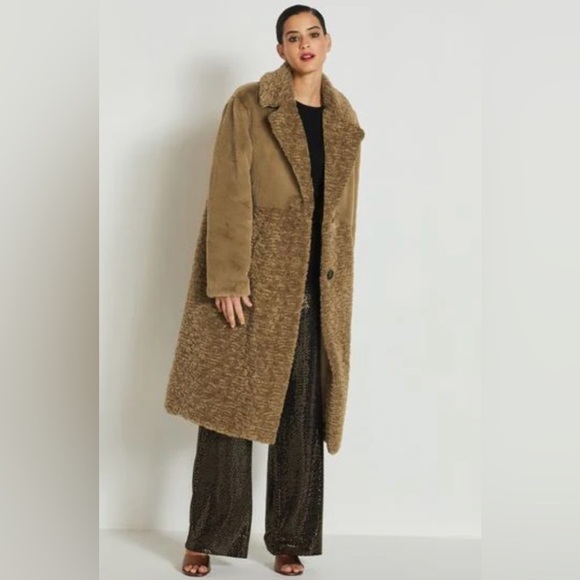 NEXT Direct Olive Green Longline Faux Fur Teddy Borg Mix Coat Size US 10 - Picture 4 of 16